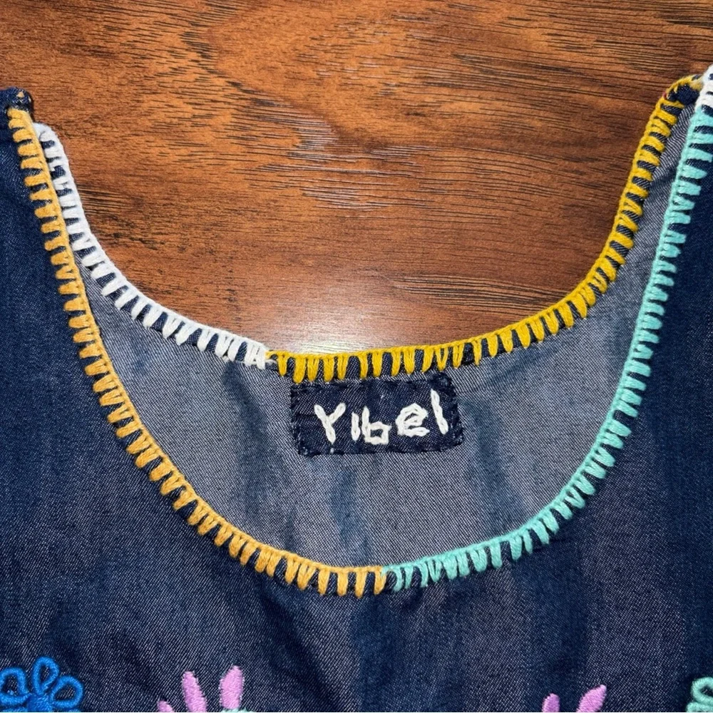 Girls' Dark Blue Denim Embroidered Sleeveless Dress